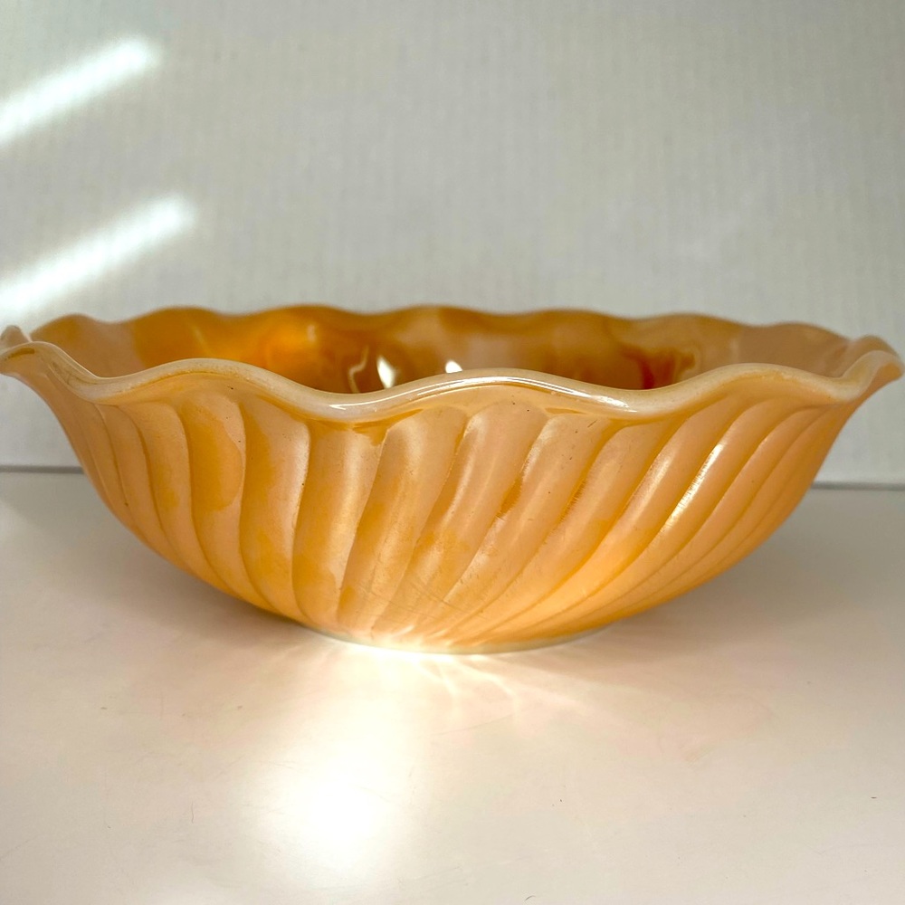Vtg Fire King Peach Lustreware Bowl Iridescent Swirls Ruffled Edges